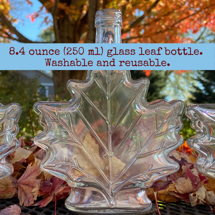 3 Glass Maple Syrup Bottles | Maple Leaf Design (250-ml) Bottles, 6 Self-Sealing Caps | Food Grade Canning Bottles for Sugarmaking